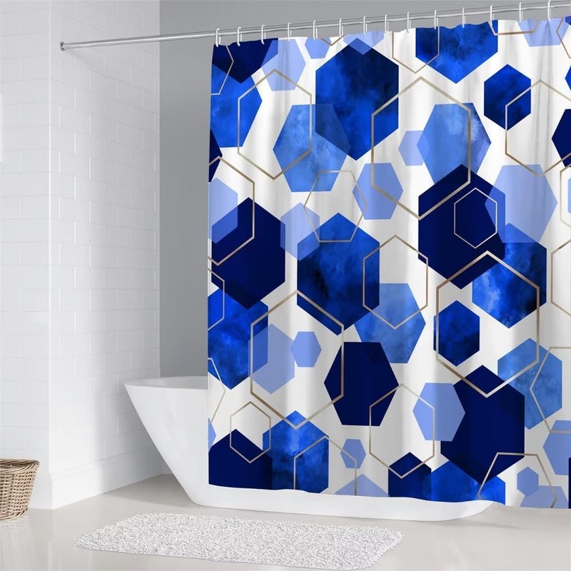 LQCOOL Blue Bathroom Curtain Set, 4Pcs Modern Art Geometric Shower Curtain with 12 Hooks, Waterproof, Blackout, 70.8' L x 70.8' W - Image 5